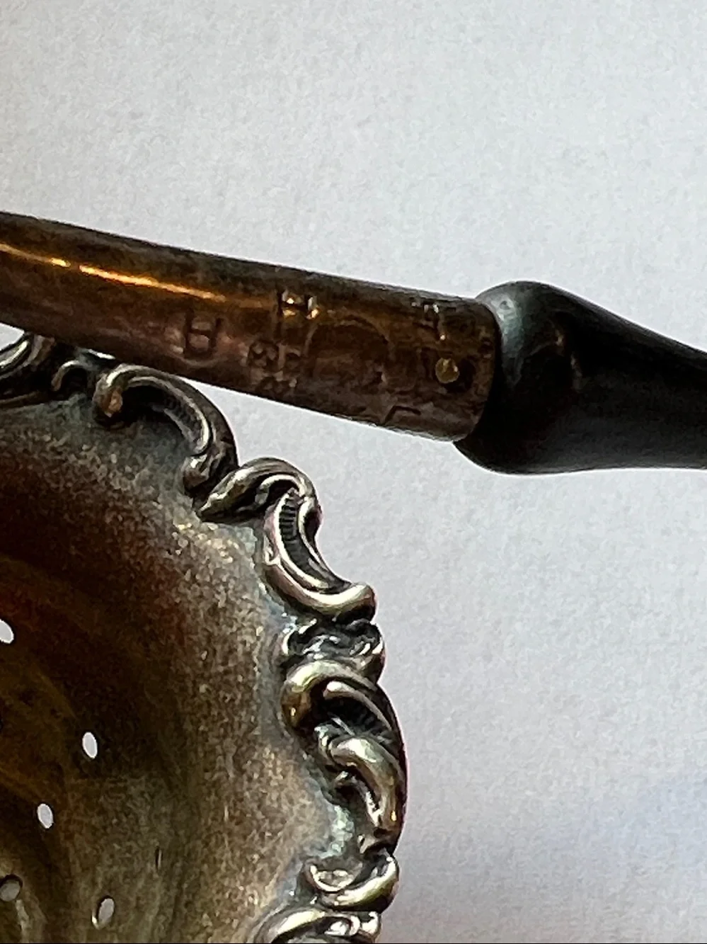 Antique Sterling Silver & Ebony dangling Victorian tea leaf strainer Repousse